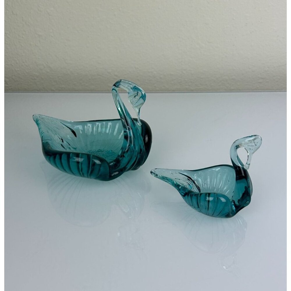 Vintage Green Blue Glass Art Swan Set, Large & Small, Home Decor Gift - Picture 9 of 13
